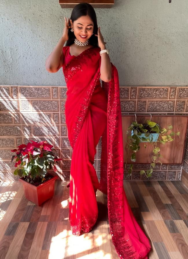 Georgette Red Party Wear Sequence Work Saree